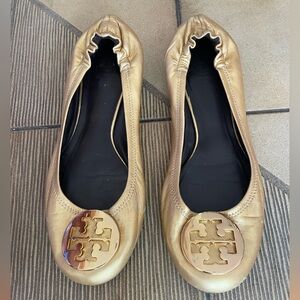 Tory Burch Gold Leather Reva Ballet Flats
